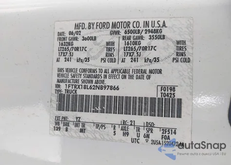 2002 Ford F-150 Lariat/Xl/Xlt z USA, uszkodzony, nr VIN 1FTRX18L62NB97866